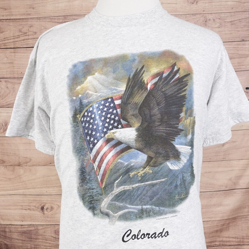 VINTAGE COLORADO EAGLE AMERICAN FLAG 00s Y2K NATURE ANIMAL T-SHIRT SIZE L